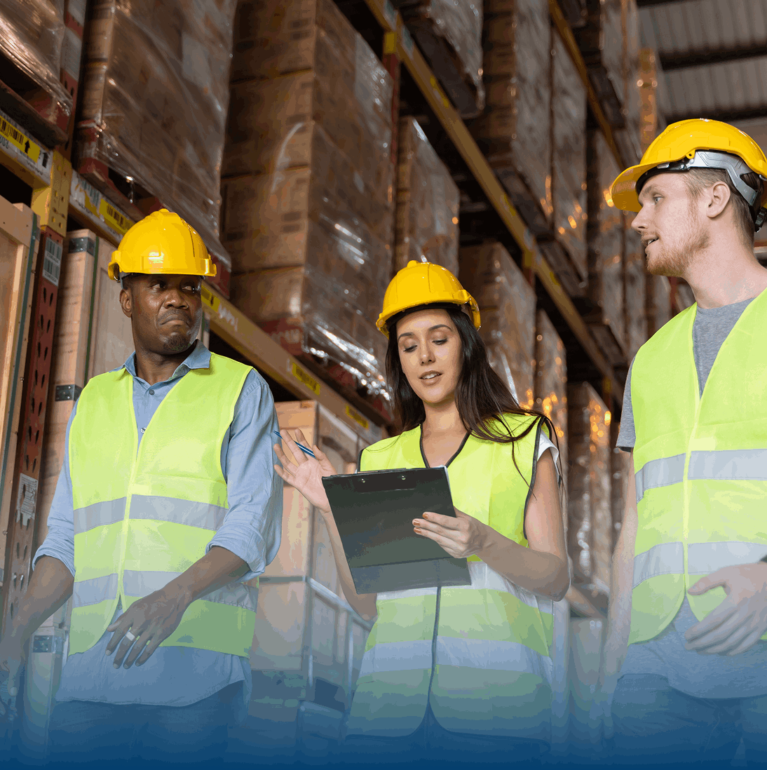 Three construction workers in safety gear inspecting a site.