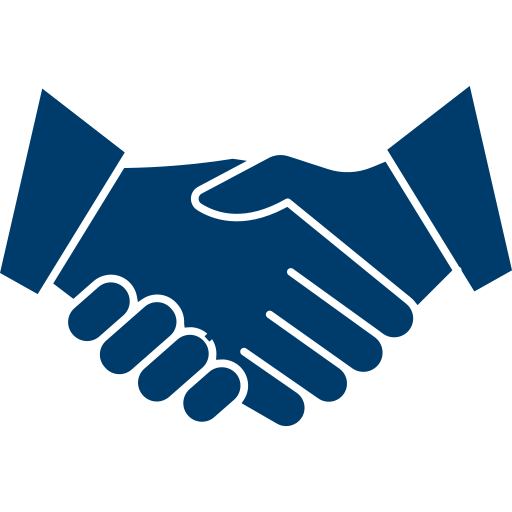 handshake A blue icon of a smiling face with circular eyes and a curved mouth.