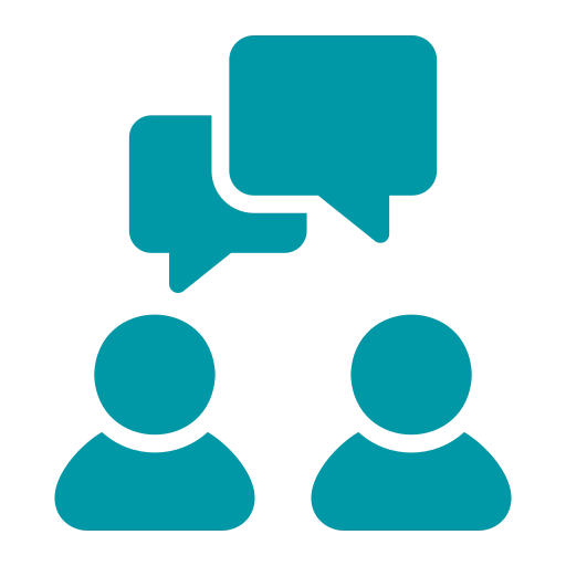 Two blue human icons with chat bubbles above them.