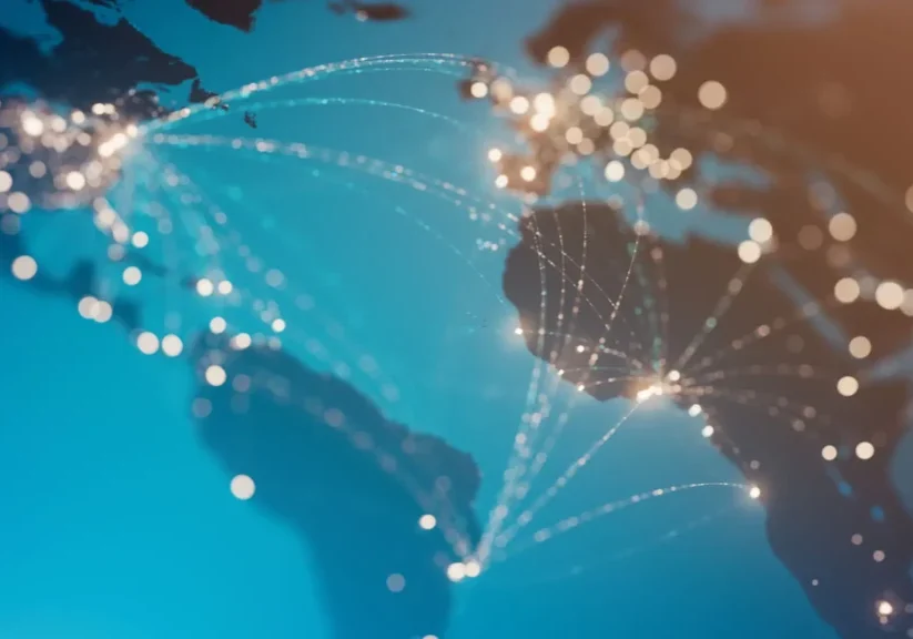 A glowing network map showing interconnected points across a blue globe.